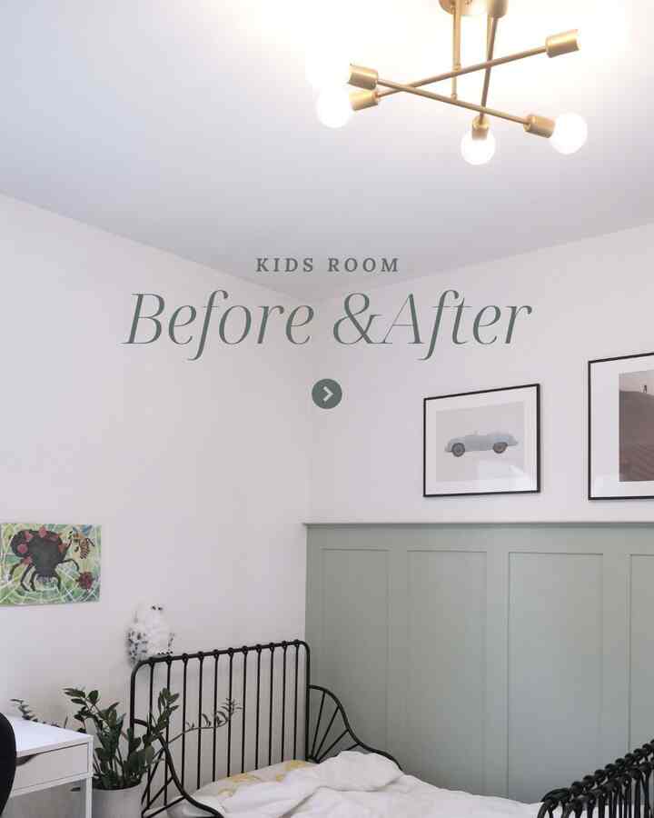 White and light green wood tone kids' room featuring a black metal bed and simple ceiling light in a clean Nordic style