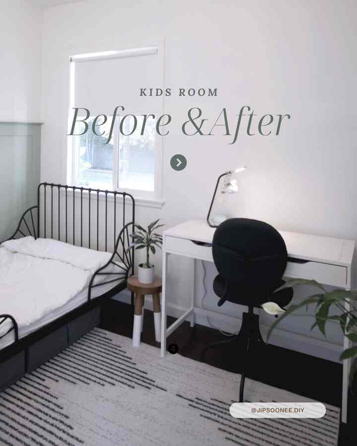 White and navy toned kids' room featuring white desks and black bed arranged practically with a modern feel