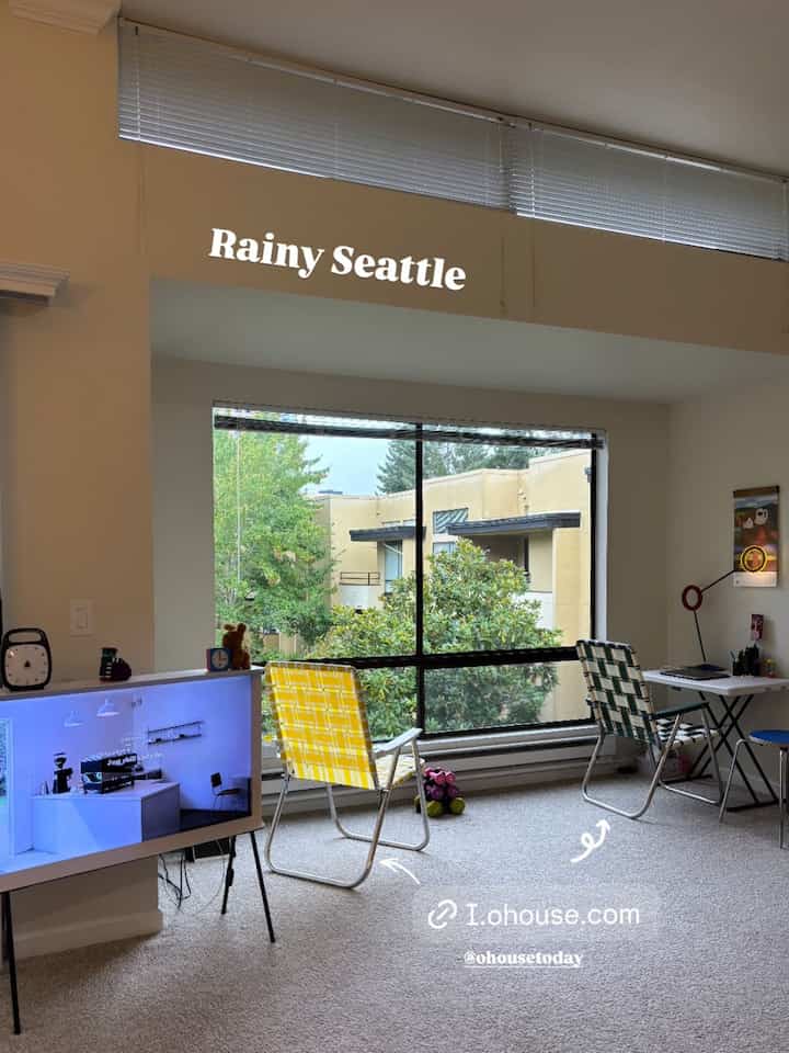 Rainy Seattle 🌧️
Need music & coffee

#livingroom #loungechair #chair #tv #windowview #minimal 