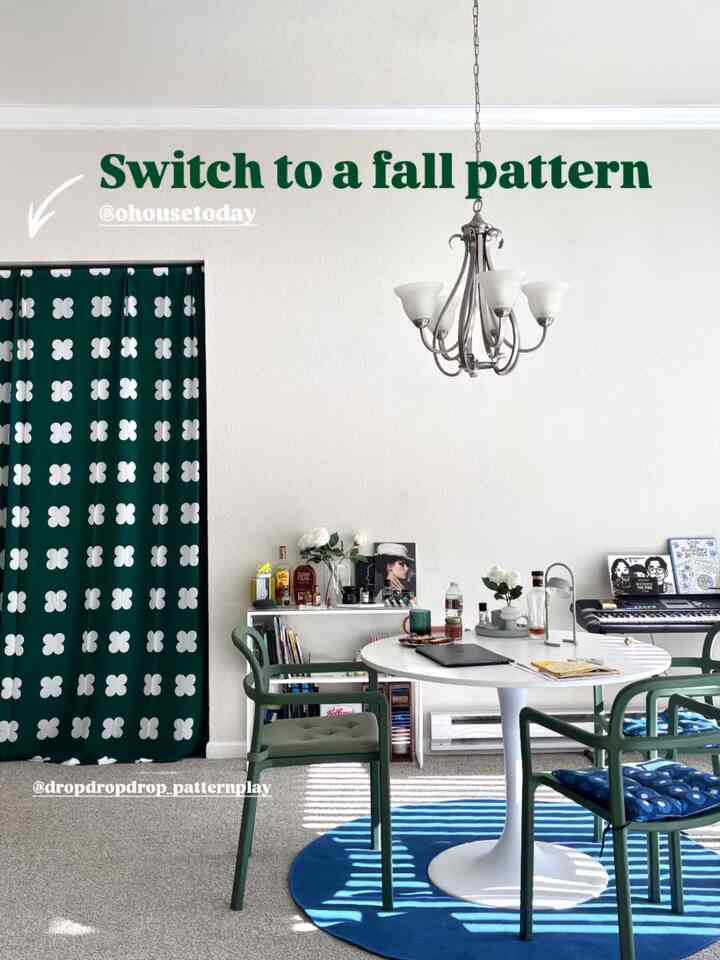 I switched my curtain to a fall pattern 💚💚
Still green, but with a darker, fall vibe.
How is it?

#curtain #pattern #green #darkgreen #livingroom #patterndesign #design 