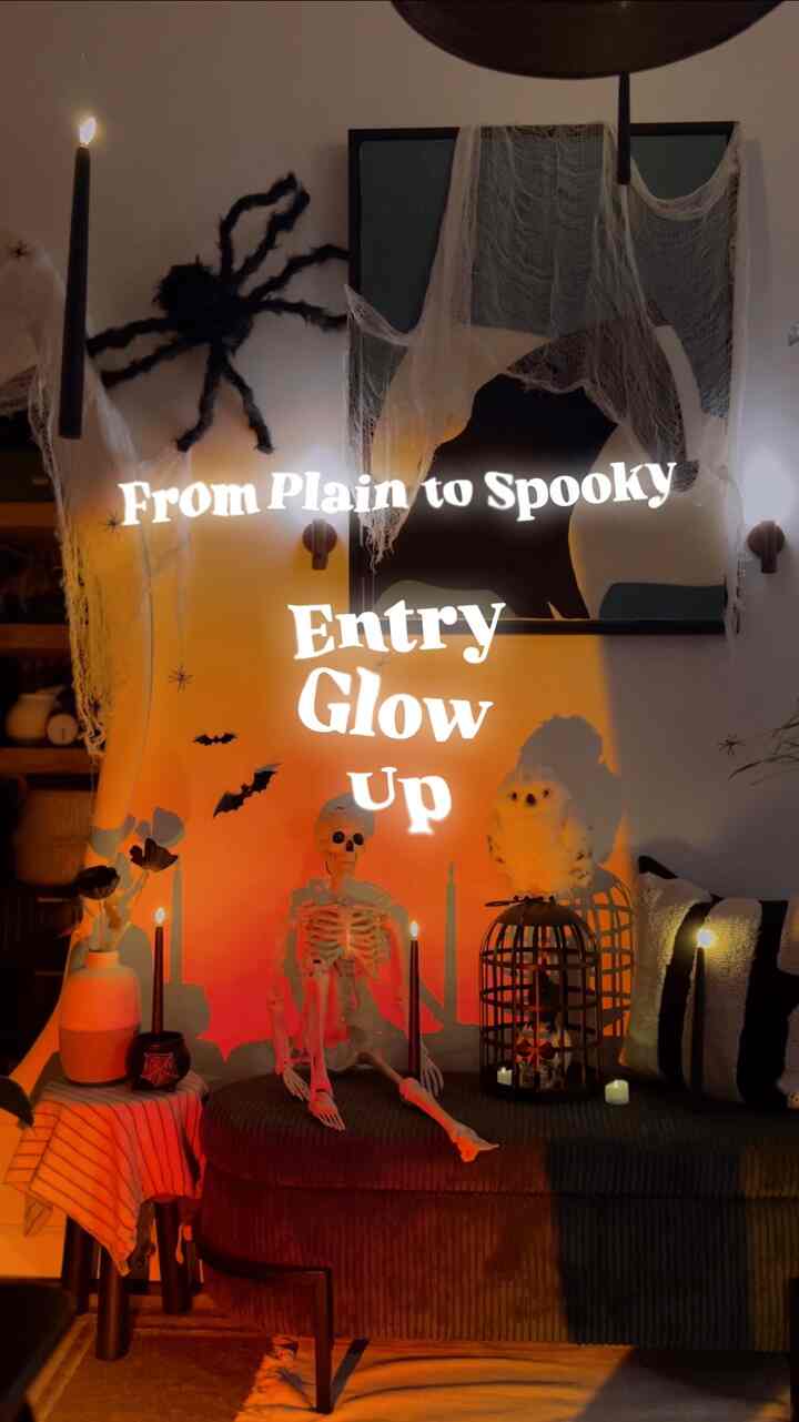 Halloween has officially arrived at our entryway! 👻
I started with a blank space, and one by one, the Halloween pieces came together.
Kept it simple with black and white accents and finished with a warm sunset light for that moody glow.
Now every time we walk in, the kids love the spooky vibes! 🎃🕯️

#halloweendecor #halloweenvibes #spookyseason #fallfun #homefortheholidays #entrance #entranceinterior #halloween #seasondecor #fall #spooky #budget
