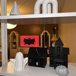 Cute but spooky 👻🦇
Black houses, a tiny ghost, and a pumpkin 
keeping my Halloween decor simple but fun ✨
#halloweendecor #halloweenvibes #spookyseason #fallfun #homefortheholidays
