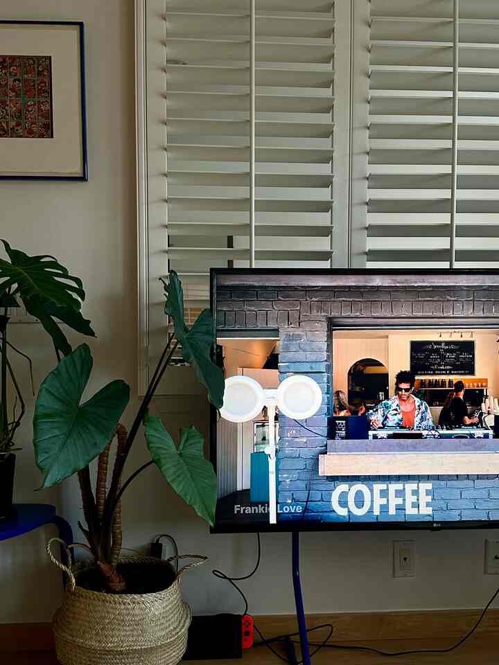 Natural tone living room with natural modern style, featuring a natural wood TV stand and leafy plant creating a cozy atmosphere