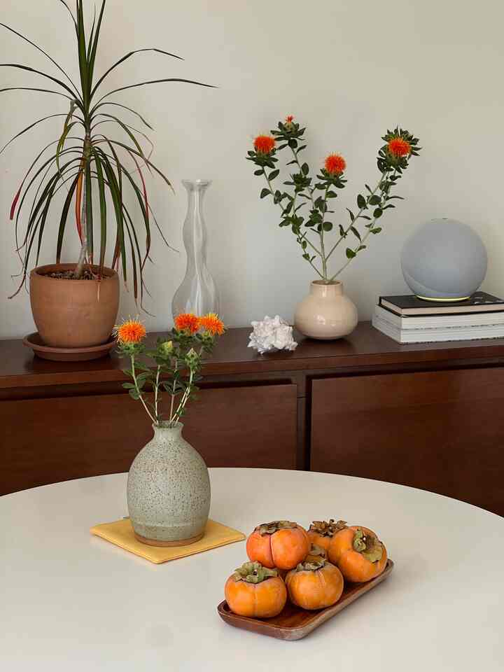 Natural wood-tone dining room with orange accents, featuring vases and persimmons on a simple cozy table setup