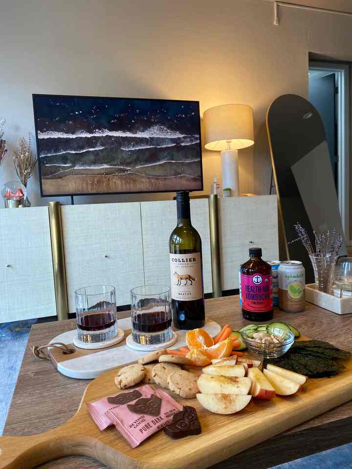 Welcome to my wine and charcuterie night 🍷 #wineglass #cb2 #surlatable #samsung #Netflix 