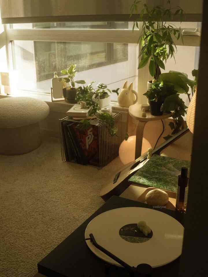 Warm beige and green toned studio apartment featuring plants and a stool in a cozy music listening corner
