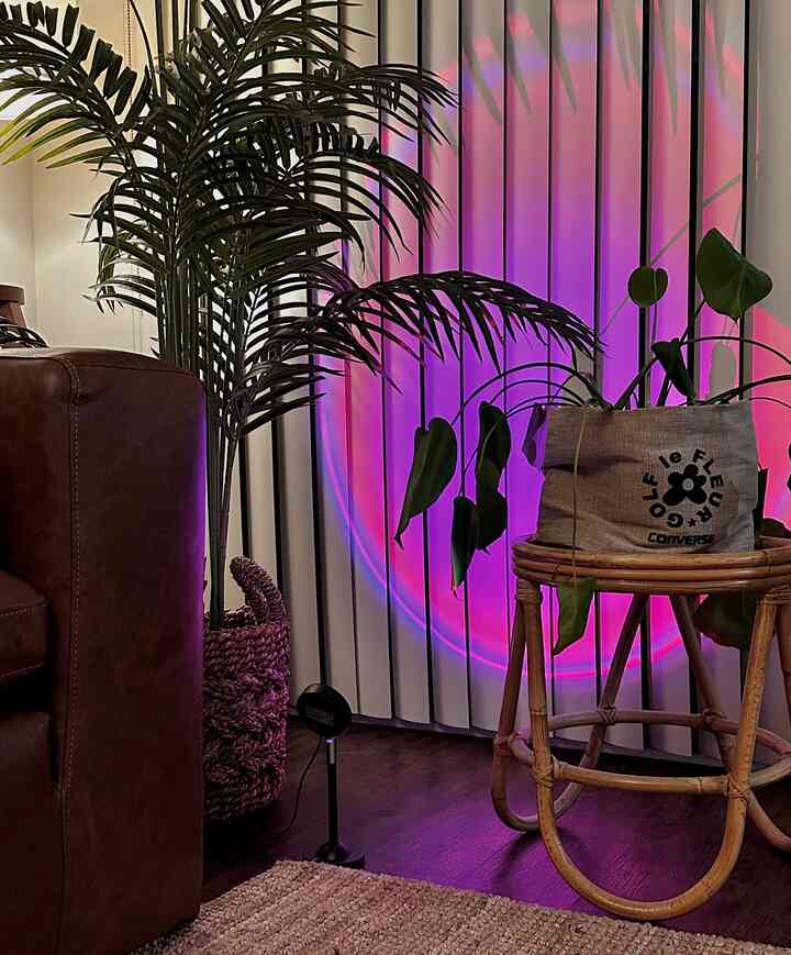 Natural color living room featuring brown leather sofa, rattan side table, and plants with a warm cozy atmosphere