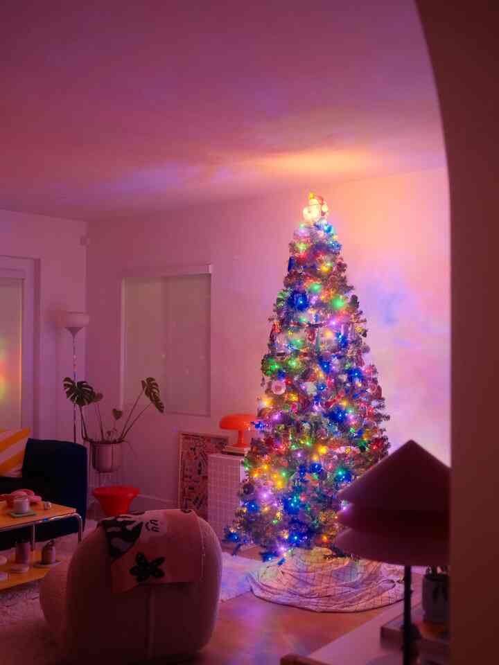 White-walled living room featuring a large colorful string-light decorated Christmas tree with cozy furniture ambiance