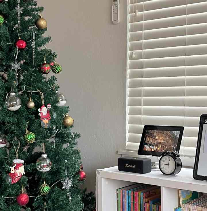 White walls and blinds with a Christmas tree and black accessories in a cozy living room space