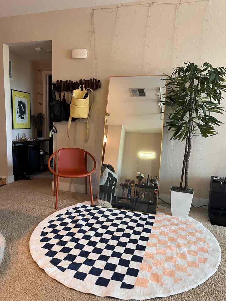 Natural-toned entrance with white walls featuring a large plant, red armchair, and checkered round rug in a modern setting