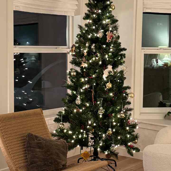 Cozy living room with warm white string lights on a green Christmas tree, featuring beige bench and armchair