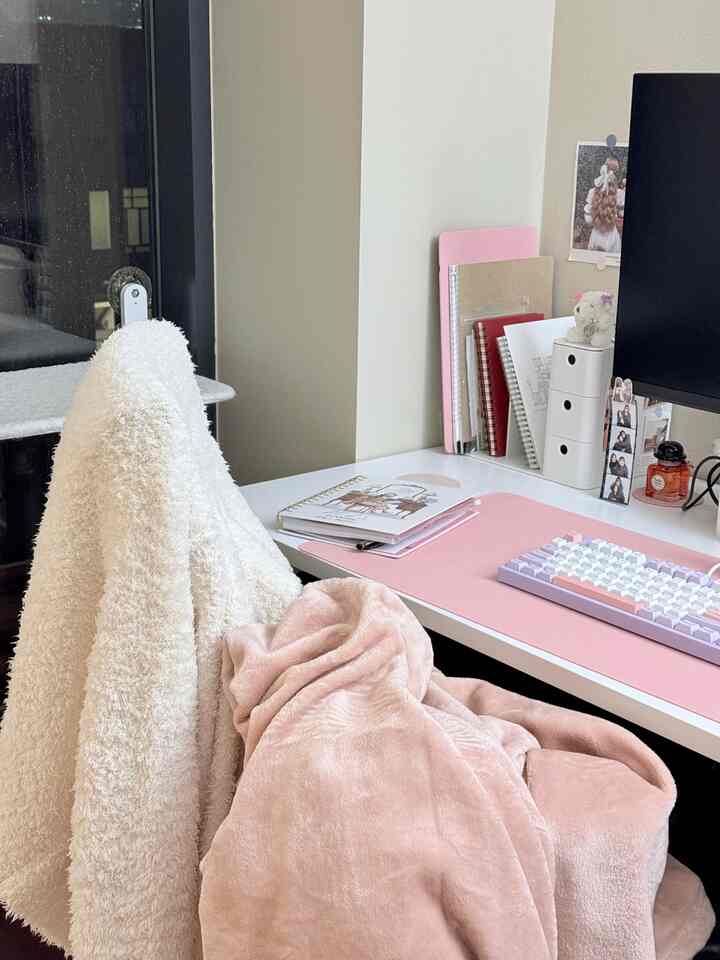 How a pink lover survives winter ❄️🩷
Thick cozy cardigan, soft pink blanket, and a desk decked out in all things blush.
Every little pink detail makes these cold days feel a bit warmer — and way more cheerful.

#cozyhome #pinkvibes #winterworkspace #deskdecor #aestheticworkspace #homeofficeinspo #softaesthetic #neutralwithapop #workspacegoals #homevibes #wintercozy #homestyling #pinklovers #desksetup #blushdecor