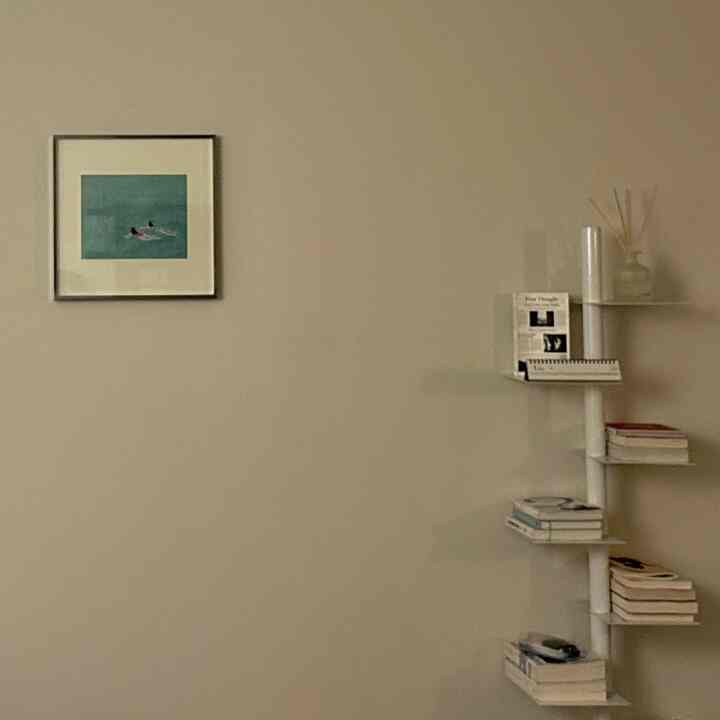 Beige wall with white wall-mounted bookshelf in a Nordic style living room featuring minimalist framed art and diffuser, creating a tidy atmosphere