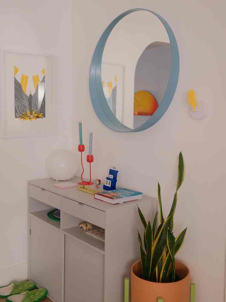 Soft pastel tone natural entrance featuring a blue round mirror and tall snake plant in a terracotta pot