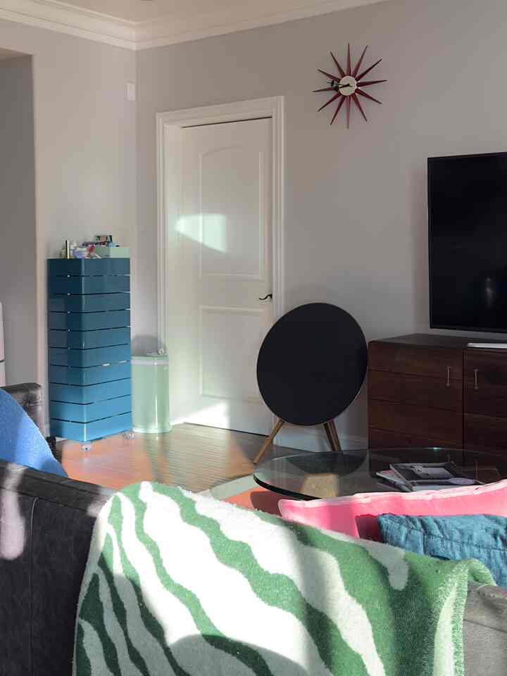 Bright gray-walled living room featuring black sofa and wooden TV cabinet in mid-century modern style
