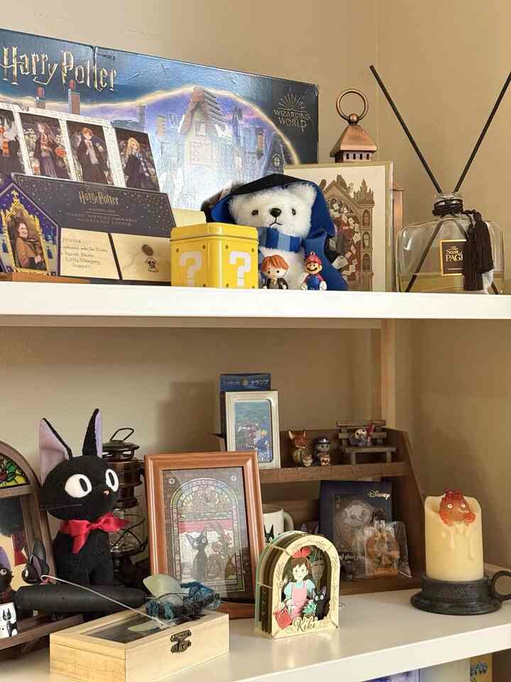 Beige-toned wall with white bookshelf display featuring Harry Potter and various character collectibles in cozy setting