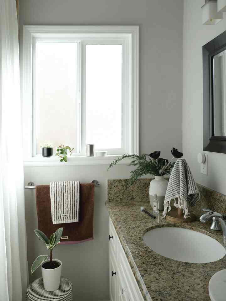 White and brown toned bathroom featuring towels and plants with a natural atmosphere