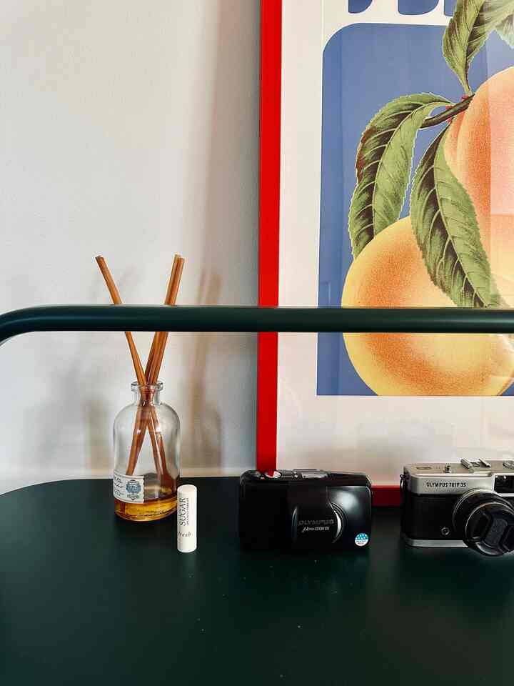Dark green shoe cabinet in entrance area with picture frame and diffuser on top