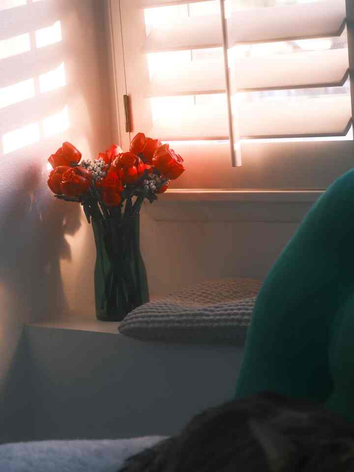 Cozy space with warm afternoon sunlight filtering through white walls and window, featuring a glass vase holding a bouquet of red Lego roses on the windowsill