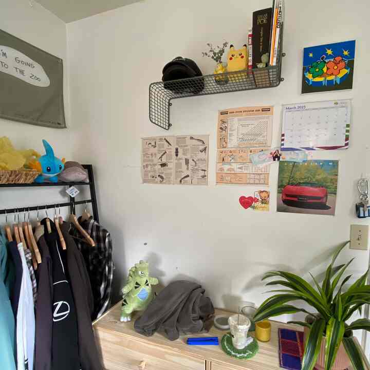 Bright white and natural wood tone single household home office featuring Pokemon decor and wall storage, creating a cozy atmosphere