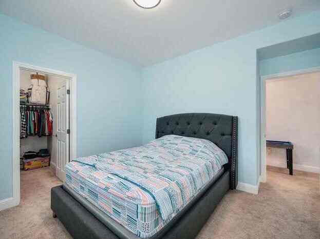 Modern bedroom with soft blue walls and dark gray bed at center