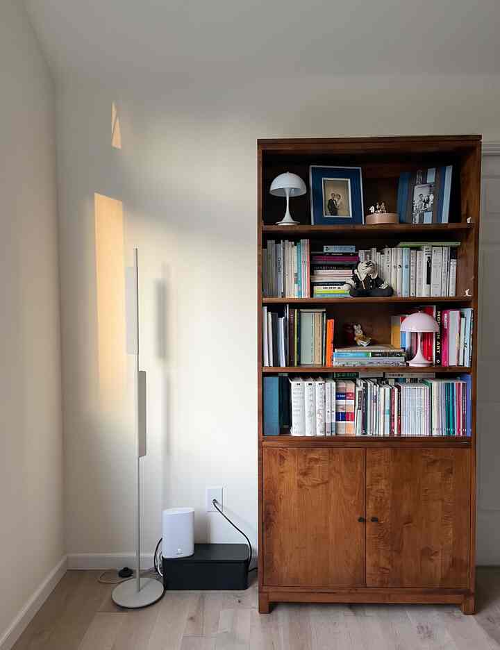 Natural color and wood tone living room featuring a bookshelf and a floor lamp with cozy ambiance