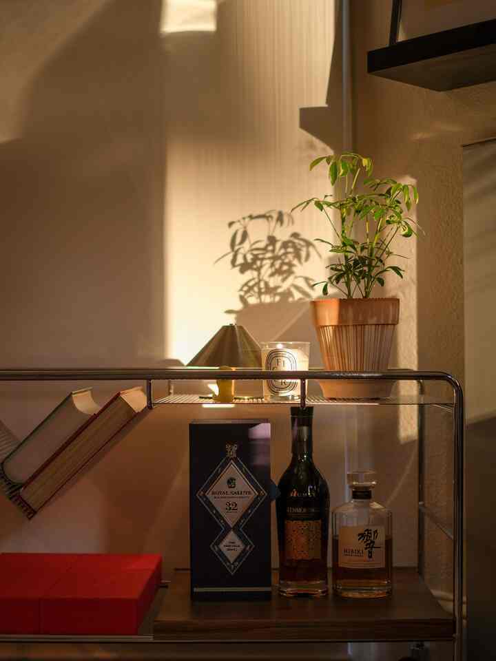 Minimal living room bar cart with warm natural light and shadows, featuring a plant and candle in harmonious arrangement